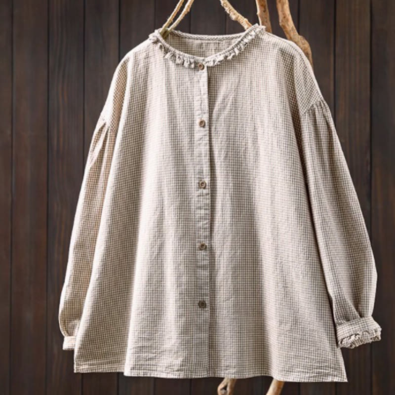 Camicia da donna in cotone a maniche lunghe con bottoni e motivo a quadri piccoli Buddha Stones Spring - Beige - US4, UK/AU8, EU36 (L) - image 13