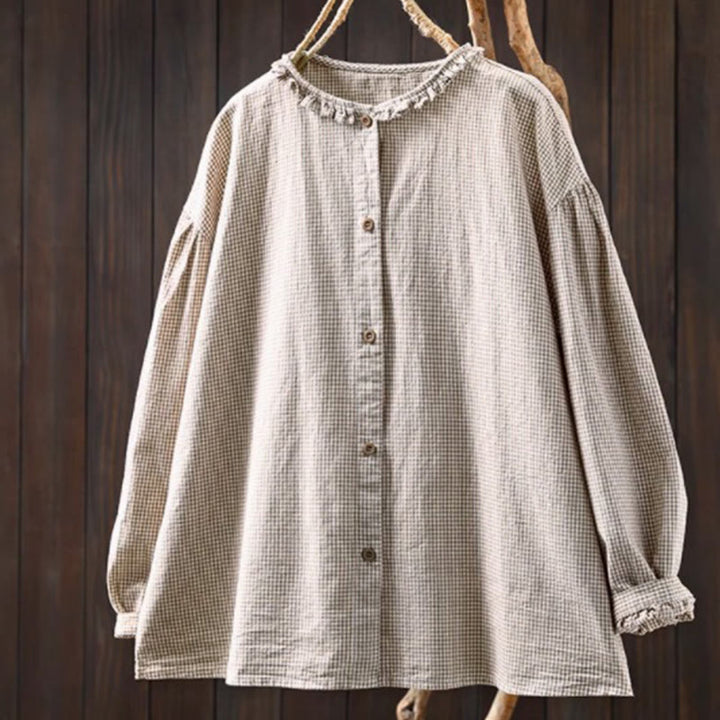 Camicia da donna in cotone a maniche lunghe con bottoni e motivo a quadri piccoli Buddha Stones Spring - Beige - US4, UK/AU8, EU36 (L) - image 13