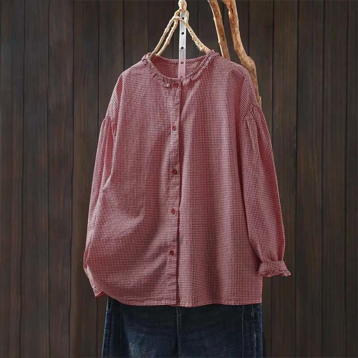 Camicia da donna in cotone a maniche lunghe con bottoni e motivo a quadri piccoli Buddha Stones Spring - IndianRed - US4, UK/AU8, EU36 (L) - image 17