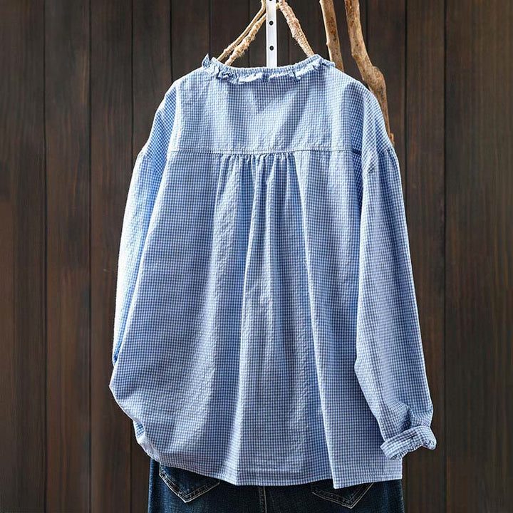 Camicia da donna in cotone a maniche lunghe con bottoni e motivo a quadri piccoli Buddha Stones Spring - image 1