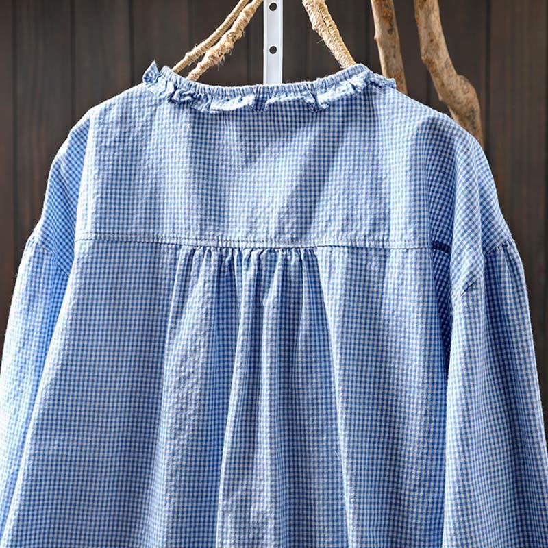 Camicia da donna in cotone a maniche lunghe con bottoni e motivo a quadri piccoli Buddha Stones Spring - image 3