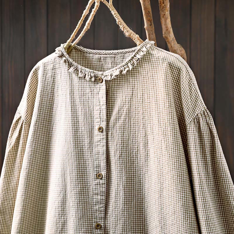 Camicia da donna in cotone a maniche lunghe con bottoni e motivo a quadri piccoli Buddha Stones Spring - image 14