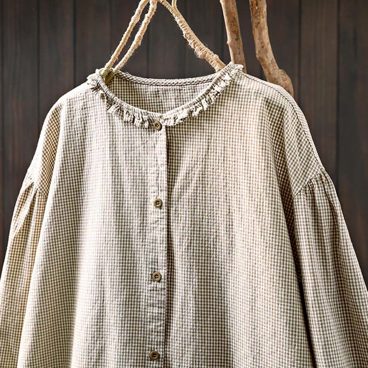 Camicia da donna in cotone a maniche lunghe con bottoni e motivo a quadri piccoli Buddha Stones Spring - image 14