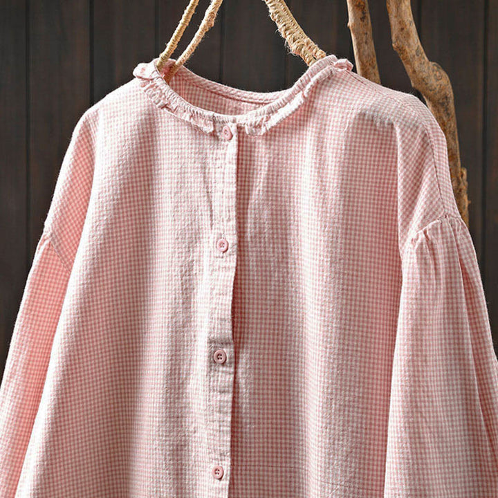 Camicia da donna in cotone a maniche lunghe con bottoni e motivo a quadri piccoli Buddha Stones Spring - image 12