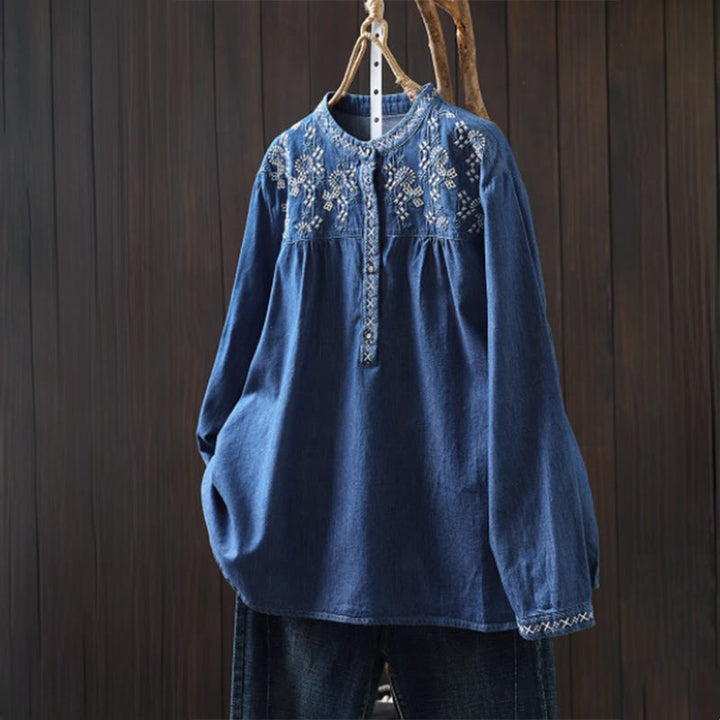 Camicia da donna a maniche lunghe in denim di cotone con bottoni mezzi, ricamo floreale e geometrie Buddha Stones - Blu Reale - US4， UK/AU8，EU36-38 (F) - image 17