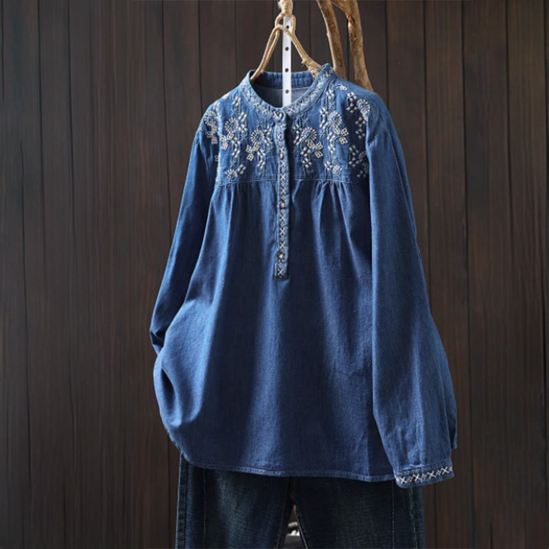 Camicia da donna a maniche lunghe in denim di cotone con bottoni mezzi, ricamo floreale e geometrie Buddha Stones - Blu Reale - US4， UK/AU8，EU36-38 (F) - image 17