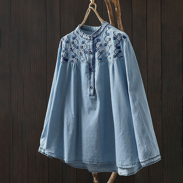 Camicia da donna a maniche lunghe in denim di cotone con bottoni mezzi, ricamo floreale e geometrie Buddha Stones - image 2
