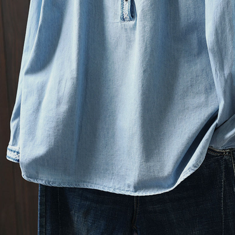 Camicia da donna a maniche lunghe in denim di cotone con bottoni mezzi, ricamo floreale e geometrie Buddha Stones - image 12