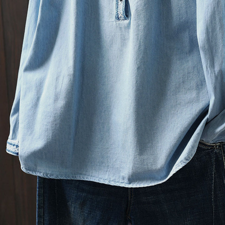 Camicia da donna a maniche lunghe in denim di cotone con bottoni mezzi, ricamo floreale e geometrie Buddha Stones - image 12