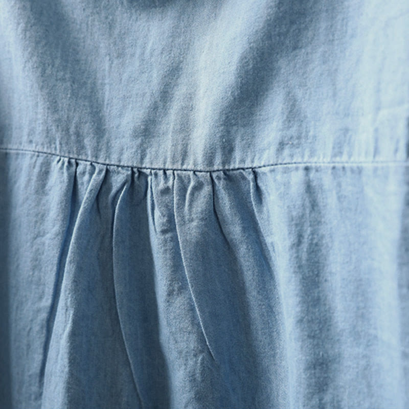 Camicia da donna a maniche lunghe in denim di cotone con bottoni mezzi, ricamo floreale e geometrie Buddha Stones - image 7