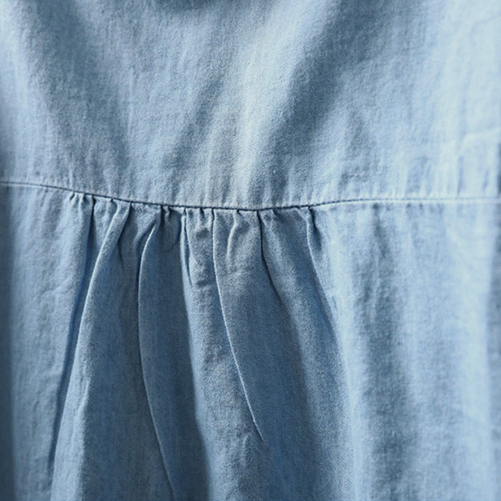 Camicia da donna a maniche lunghe in denim di cotone con bottoni mezzi, ricamo floreale e geometrie Buddha Stones - image 7