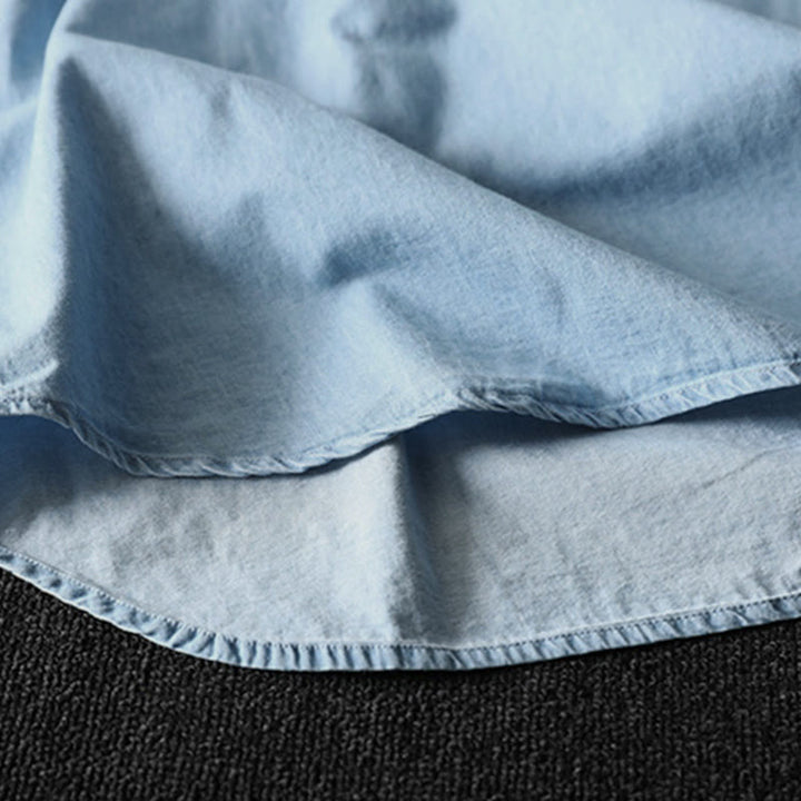 Camicia da donna a maniche lunghe in denim di cotone con bottoni mezzi, ricamo floreale e geometrie Buddha Stones - image 14