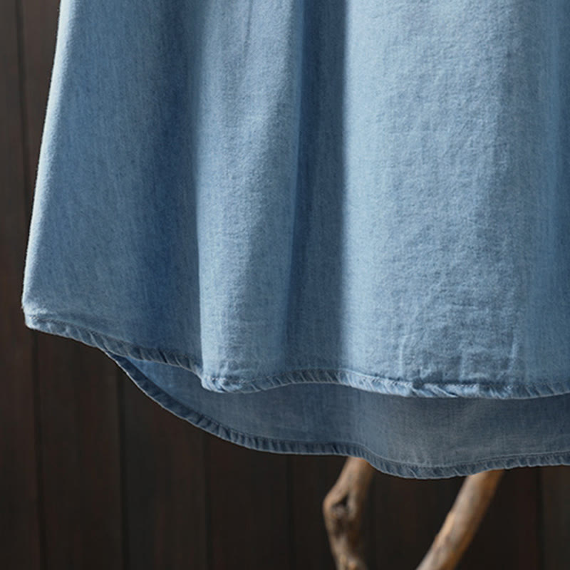 Camicia da donna a maniche lunghe in denim di cotone con bottoni mezzi, ricamo floreale e geometrie Buddha Stones - image 13