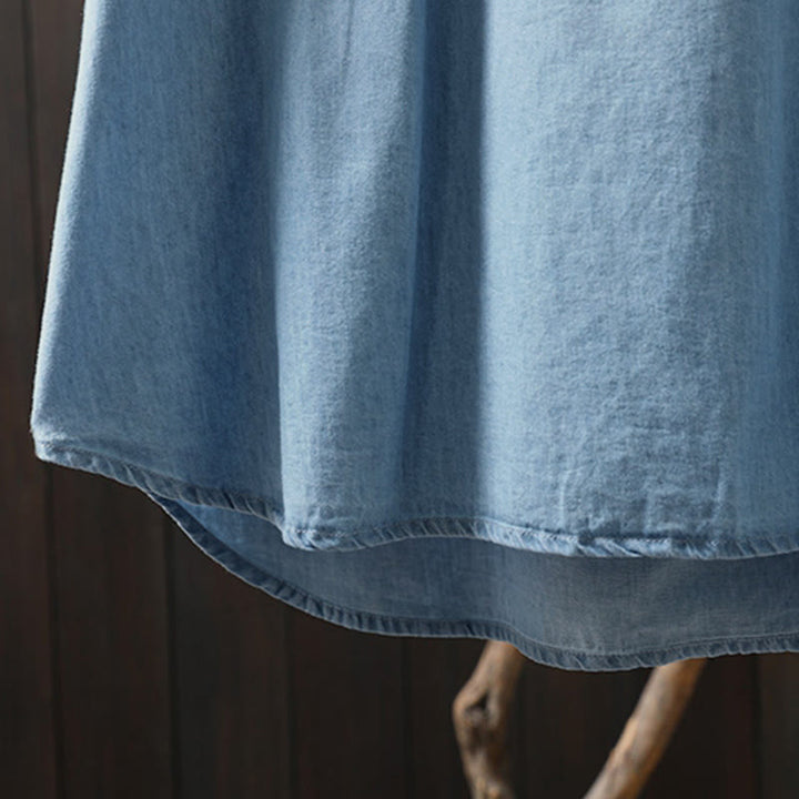 Camicia da donna a maniche lunghe in denim di cotone con bottoni mezzi, ricamo floreale e geometrie Buddha Stones - image 13