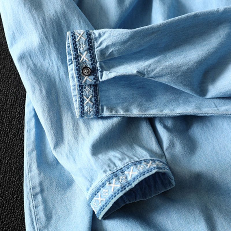 Camicia da donna a maniche lunghe in denim di cotone con bottoni mezzi, ricamo floreale e geometrie Buddha Stones - image 11