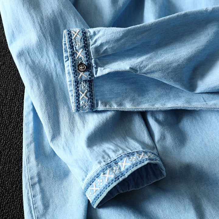 Camicia da donna a maniche lunghe in denim di cotone con bottoni mezzi, ricamo floreale e geometrie Buddha Stones - image 11