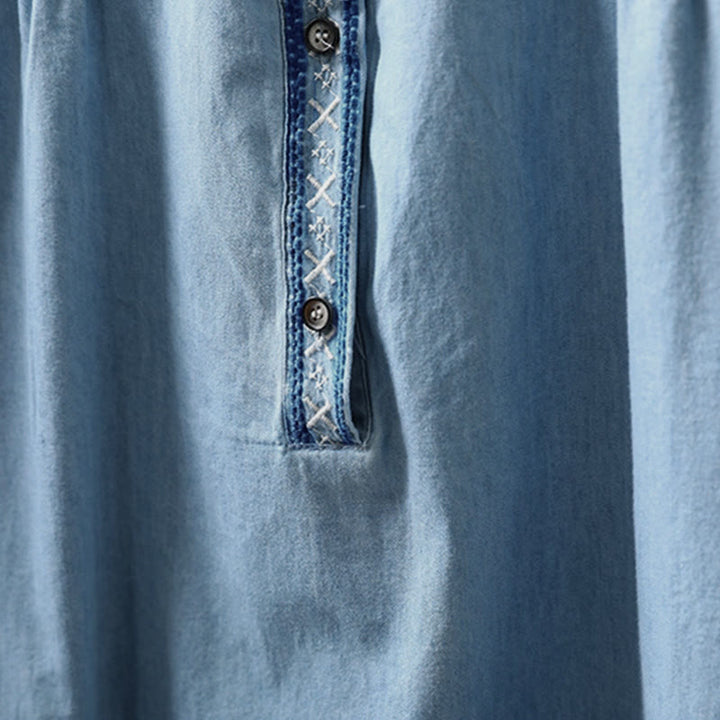 Camicia da donna a maniche lunghe in denim di cotone con bottoni mezzi, ricamo floreale e geometrie Buddha Stones - image 6