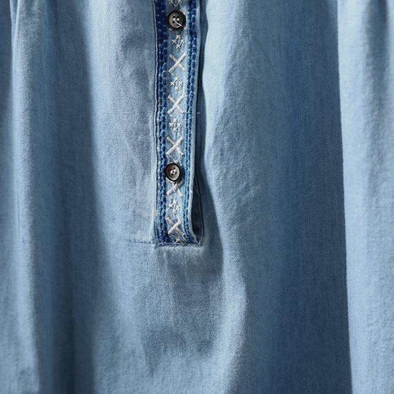 Camicia da donna a maniche lunghe in denim di cotone con bottoni mezzi, ricamo floreale e geometrie Buddha Stones - image 6