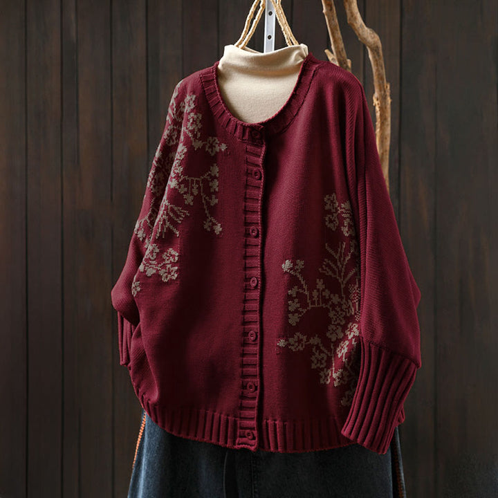 Cardigan lavorato a maglia con maniche a pipistrello lunghe in cotone con bottoni floreali Buddha Stones da donna - FireBrick - US4, UK/AU8, EU36-38 (F) - image 0
