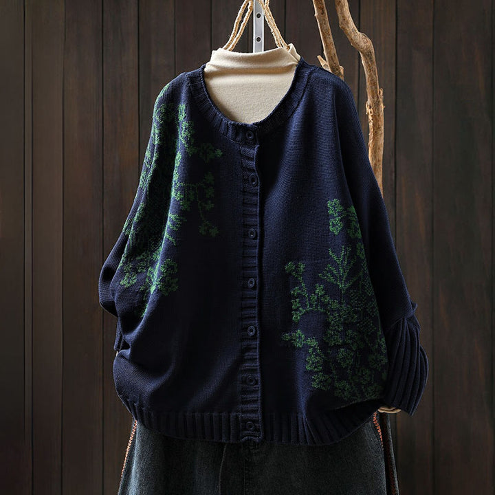 Cardigan lavorato a maglia con maniche a pipistrello lunghe in cotone con bottoni floreali Buddha Stones da donna - Blu notte - US4， UK/AU8，EU36-38 (F) - image 15