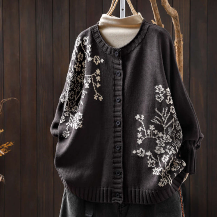 Cardigan lavorato a maglia con maniche a pipistrello lunghe in cotone con bottoni floreali Buddha Stones da donna - Grigio scuro - US4, UK/AU8, EU36-38 (F) - image 17