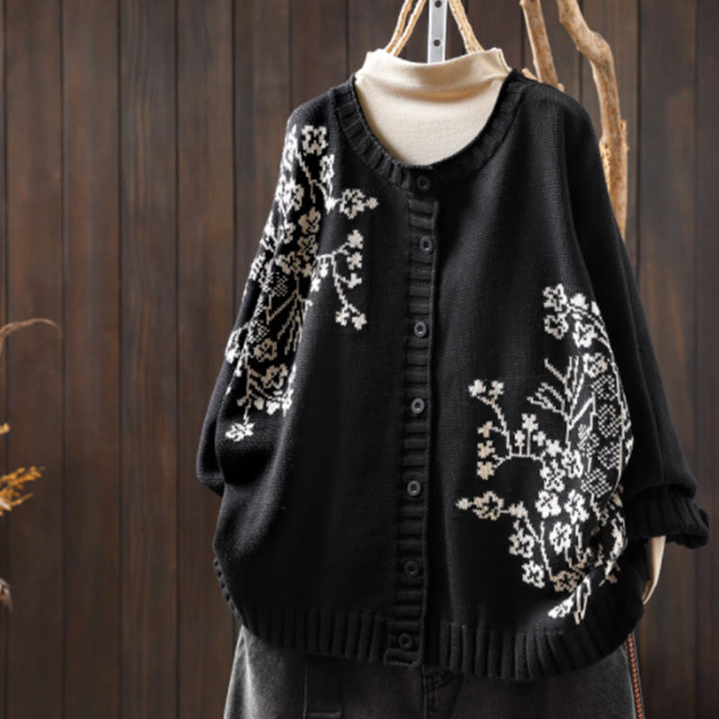 Cardigan lavorato a maglia con maniche a pipistrello lunghe in cotone con bottoni floreali Buddha Stones da donna - Nero - US4, UK/AU8, EU36-38 (F) - image 19