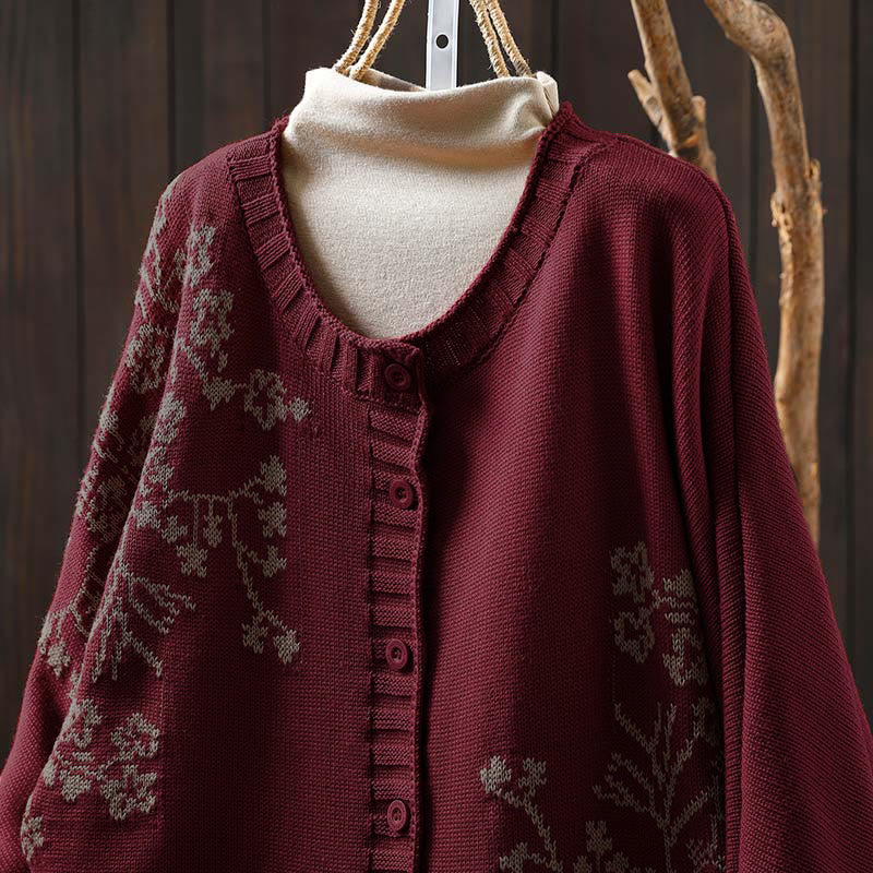 Cardigan lavorato a maglia con maniche a pipistrello lunghe in cotone con bottoni floreali Buddha Stones da donna - image 1