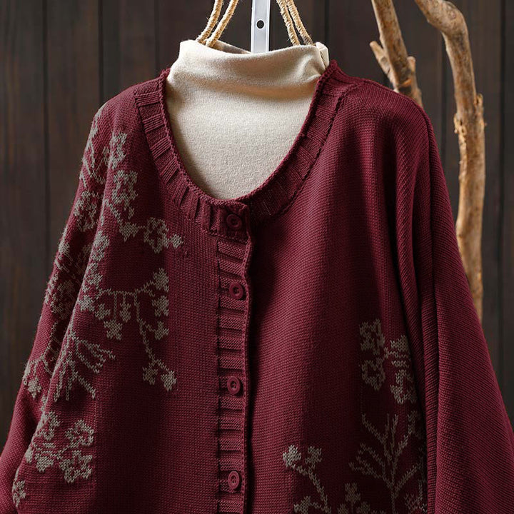 Cardigan lavorato a maglia con maniche a pipistrello lunghe in cotone con bottoni floreali Buddha Stones da donna - image 1