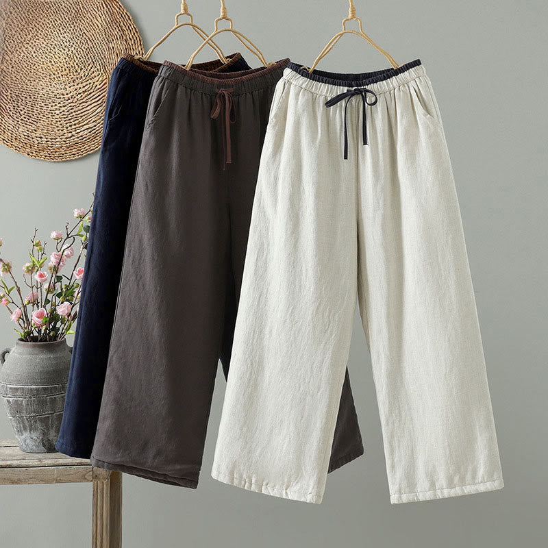 Pantaloni da donna in cotone e lino con coulisse a contrasto, modello Buddha Stones, con tasche e gamba larga - image 0