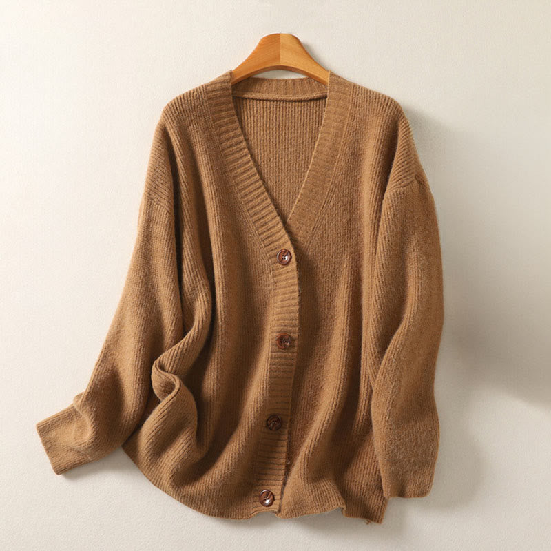 Cardigan lavorato a maglia a maniche lunghe in cotone con scollo a V e bottoni invernali Buddha Stones da donna - SandyBrown - US4， UK/AU8，EU36-38 (F) - image 3