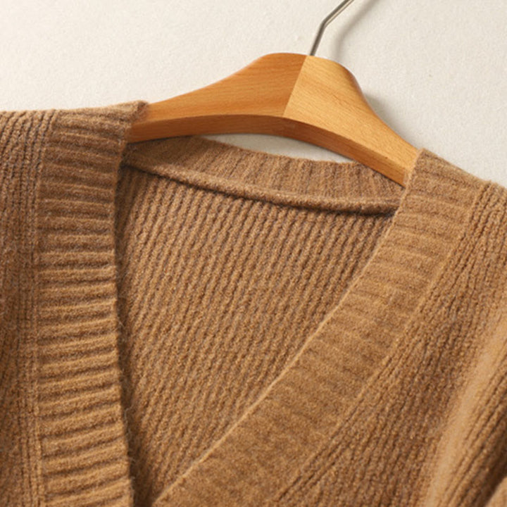 Cardigan lavorato a maglia a maniche lunghe in cotone con scollo a V e bottoni invernali Buddha Stones da donna - image 5