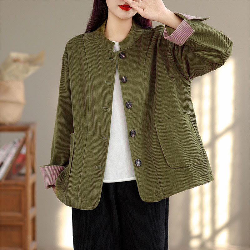 Giacca da donna in velluto a coste con maniche lunghe, tasche e bottoni con motivo Buddha Stones - Verde oliva - US8-10, UK/AU12-14, EU40-42 (2XL) - image 6