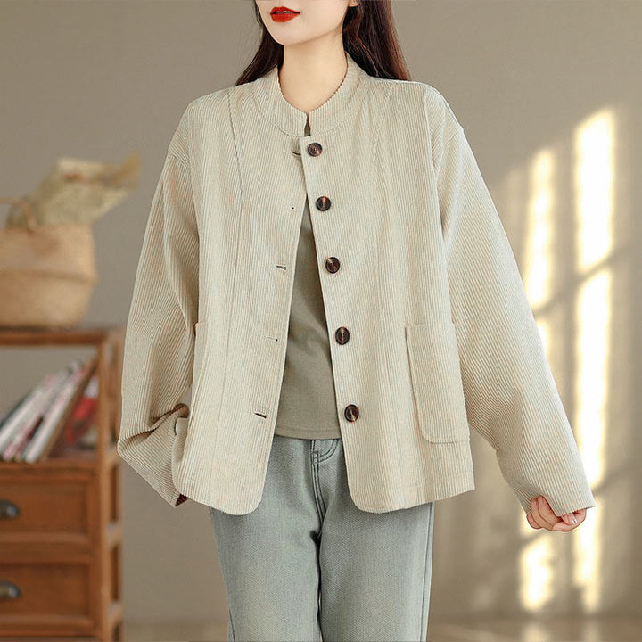 Giacca da donna in velluto a coste con maniche lunghe, tasche e bottoni con motivo Buddha Stones - image 1