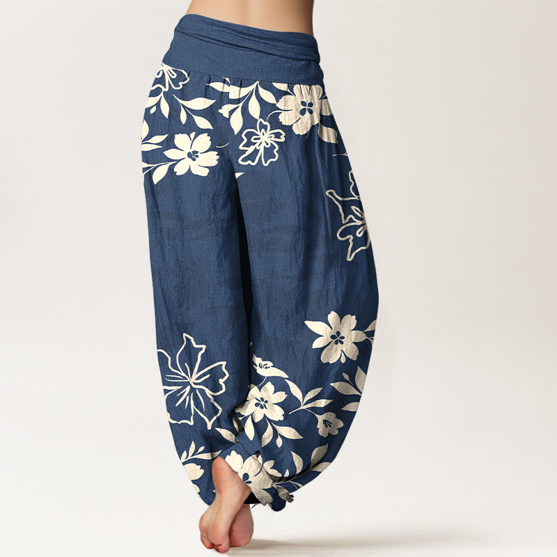 Pantaloni harem da donna con elastico in vita, in cotone, retrò, con motivo semplice di fiori e foglie, motivo Buddha Stones - image 1