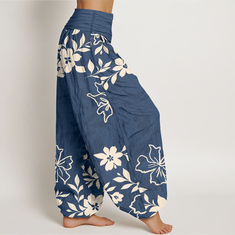 Pantaloni harem da donna con elastico in vita, in cotone, retrò, con motivo semplice di fiori e foglie, motivo Buddha Stones - image 2