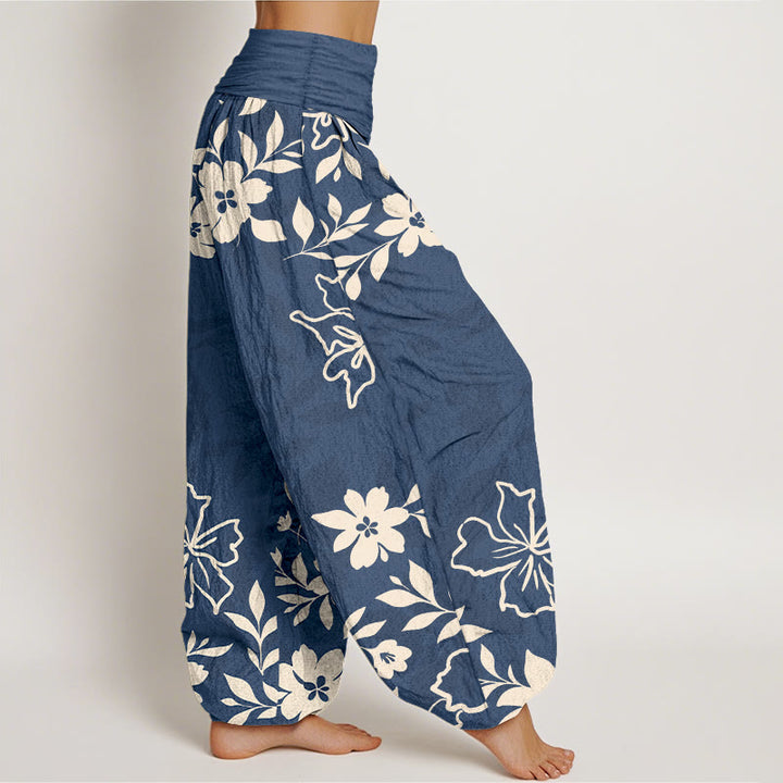 Pantaloni harem da donna con elastico in vita, in cotone, retrò, con motivo semplice di fiori e foglie, motivo Buddha Stones - image 2