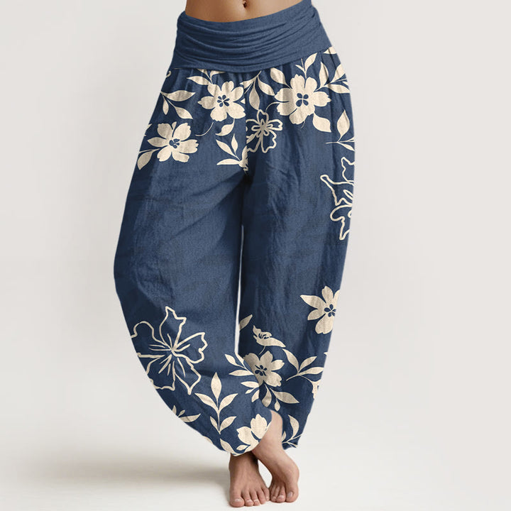 Pantaloni harem da donna con elastico in vita, in cotone, retrò, con motivo semplice di fiori e foglie, motivo Buddha Stones - SteelBlue - US16, UK/AU20, EU48 (3XL) - image 0