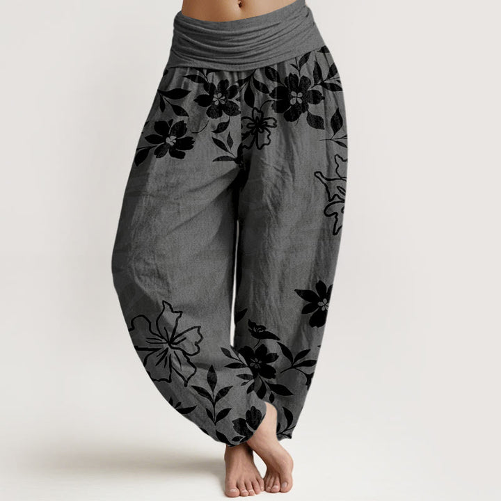 Pantaloni harem da donna con elastico in vita, in cotone, retrò, con motivo semplice di fiori e foglie, motivo Buddha Stones - Grigio tenue - US16, UK/AU20, EU48 (3XL) - image 5
