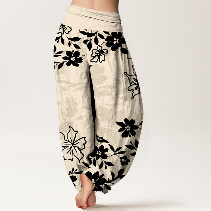 Pantaloni harem da donna con elastico in vita, in cotone, retrò, con motivo semplice di fiori e foglie, motivo Buddha Stones - image 9
