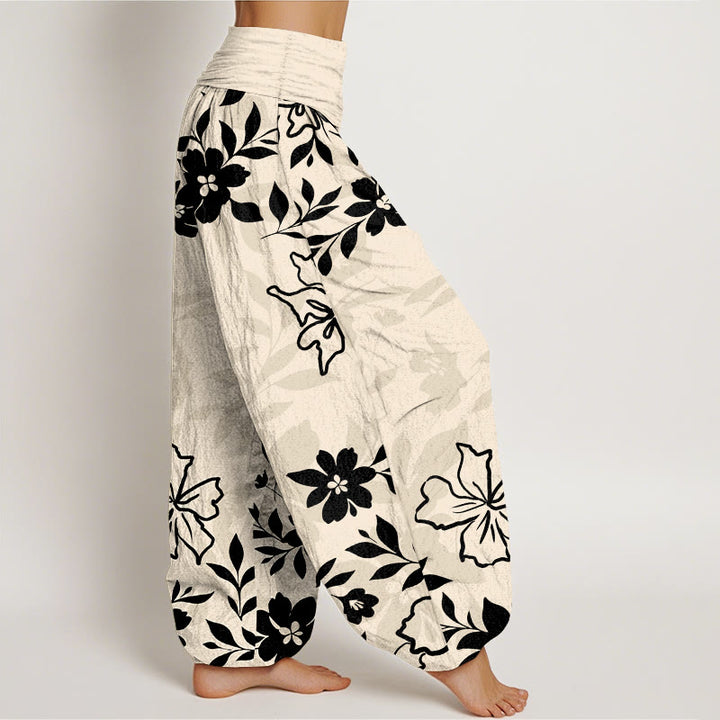 Pantaloni harem da donna con elastico in vita, in cotone, retrò, con motivo semplice di fiori e foglie, motivo Buddha Stones - image 10