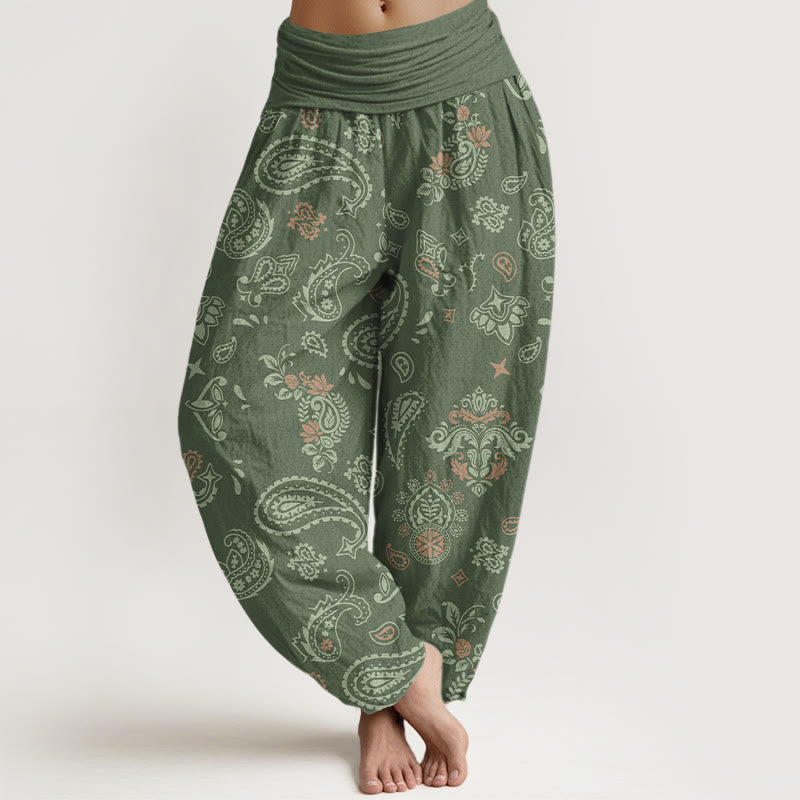 Pantaloni harem da donna con elastico in vita e motivo paisley vintage in cotone Buddha Stones - SeaGreen - US16, UK/AU20, EU48 (3XL) - image 0