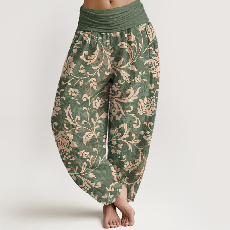 Pantaloni harem da donna con elastico in vita, in cotone, sobrio e lussuoso, con motivo floreale e tralci di vite , Buddha Stones - SeaGreen - US16, UK/AU20, EU48 (3XL) - image 0