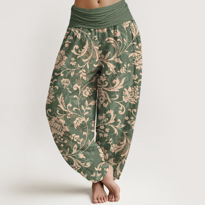 Pantaloni harem da donna con elastico in vita, in cotone, sobrio e lussuoso, con motivo floreale e tralci di vite , Buddha Stones - Verde mare - US16, UK/AU20, EU48 (3XL) - image 0