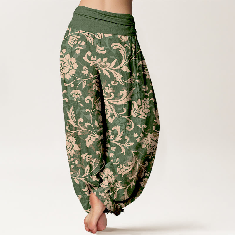 Pantaloni harem da donna con elastico in vita, in cotone, sobrio e lussuoso, con motivo floreale e tralci di vite , Buddha Stones - image 1
