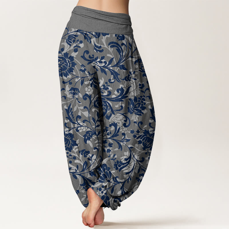 Pantaloni harem da donna con elastico in vita, in cotone, sobrio e lussuoso, con motivo floreale e tralci di vite , Buddha Stones - image 6
