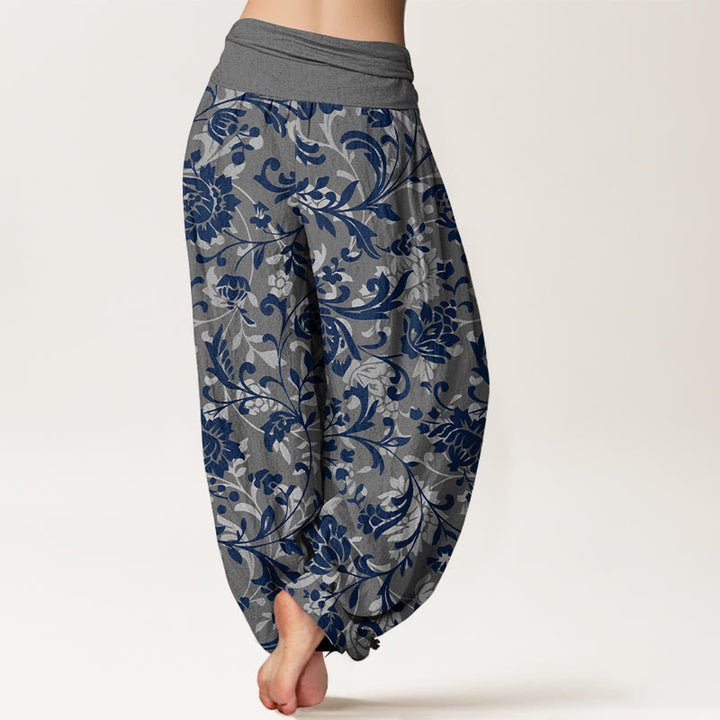 Pantaloni harem da donna con elastico in vita, in cotone, sobrio e lussuoso, con motivo floreale e tralci di vite , Buddha Stones - image 6