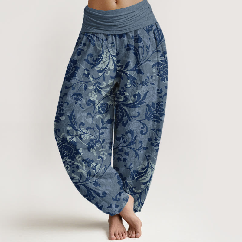 Pantaloni harem da donna con elastico in vita, in cotone, sobrio e lussuoso, con motivo floreale e tralci di vite , Buddha Stones - SteelBlue - US16, UK/AU20, EU48 (3XL) - image 8