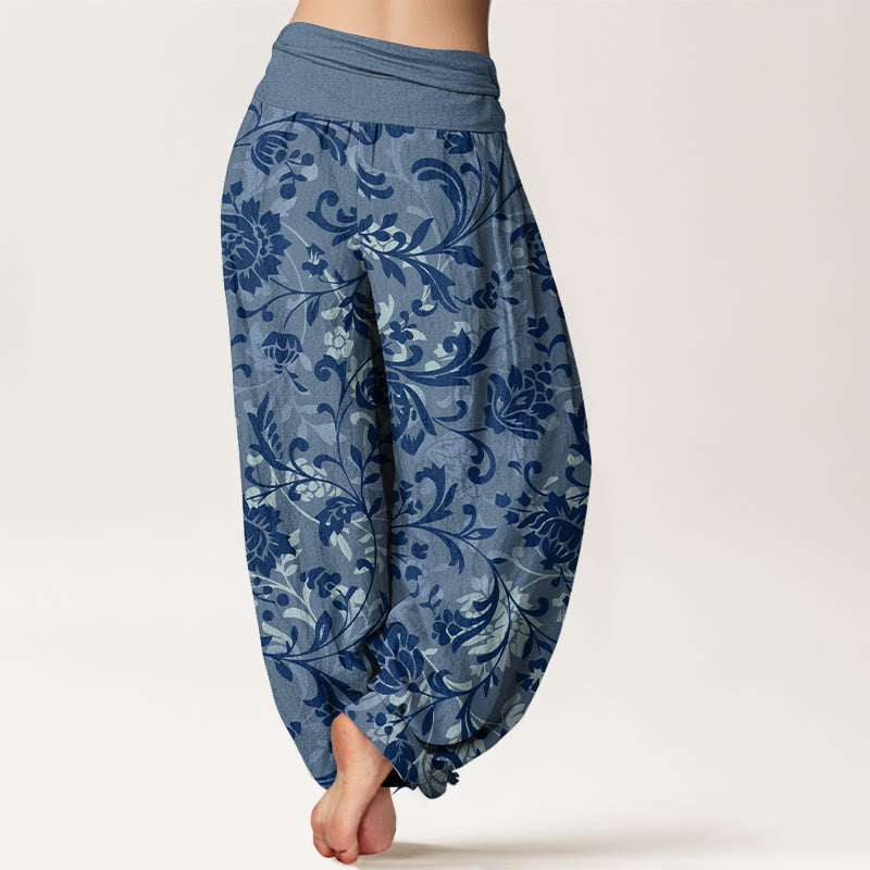 Pantaloni harem da donna con elastico in vita, in cotone, sobrio e lussuoso, con motivo floreale e tralci di vite , Buddha Stones - image 9