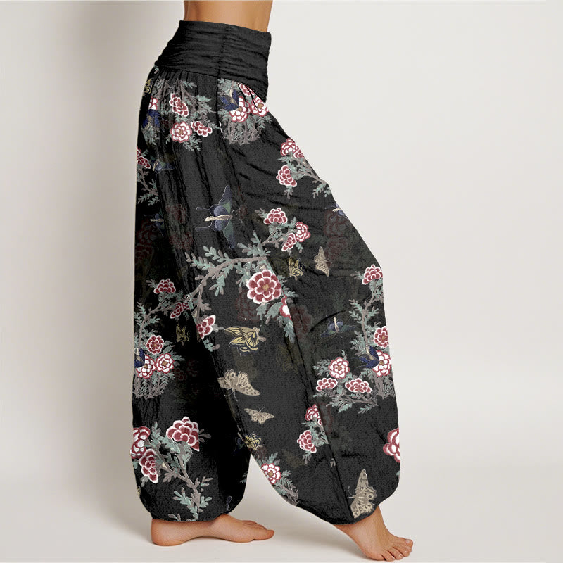 Pantaloni harem da donna con elastico in vita, motivo a farfalla, fiori e foglie in cotone Buddha Stones - image 2