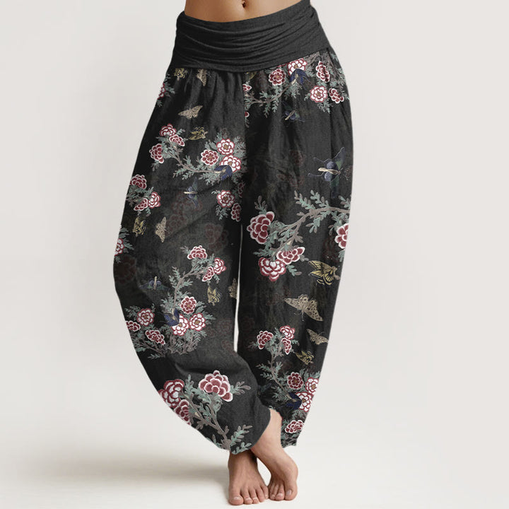 Pantaloni harem da donna con elastico in vita, motivo a farfalla, fiori e foglie in cotone Buddha Stones - Nero - US16, UK/AU20, EU48 (3XL) - image 0